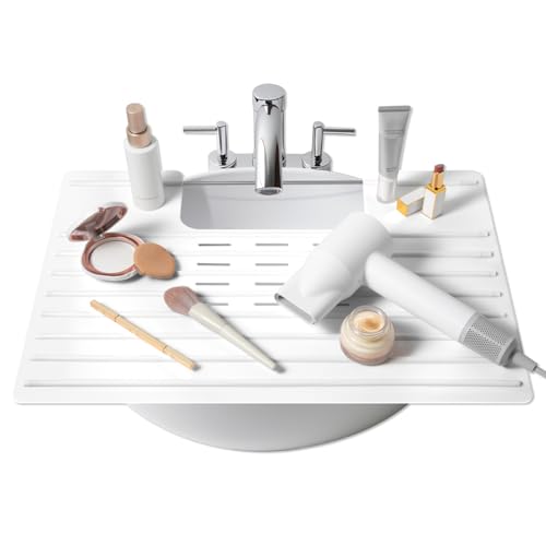 Maplefield Bathroom Sink Cover & Silicone Makeup Mat - White 22 x 15 x 2 Inches - Heat Resistant to 400F - Foldable Roll-Up Design with Raised Ridges - Space-Saving Countertop Mat