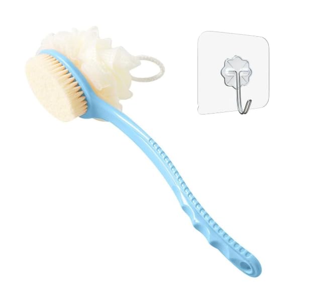 2-in-1 Loofah & Bristle Bath Brush – Curved Back Scrubber with Long Handle for Body Cleaning, Dry Brushing & Shower Use – Unisex Skin Care Tool