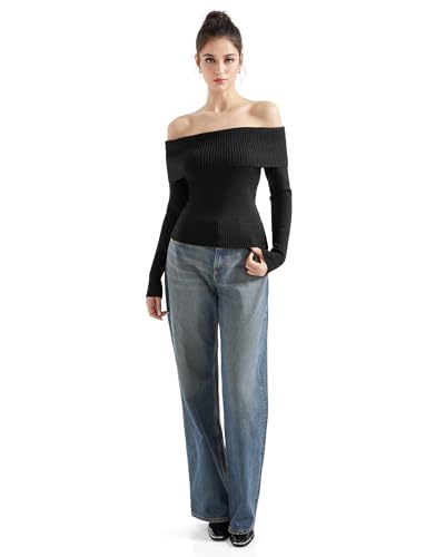 Image of SUUKSESS Women Off Shoulder Sweaters Long Sleeve Ribbed Knit Going Out Fall Tops Blouse