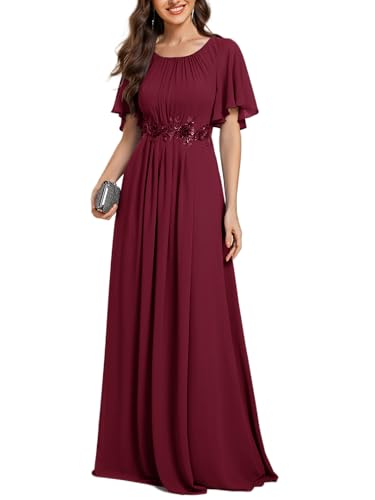 Ever-Pretty Women's Classic Round Neck Pleated Short Sleeves Chiffon Appliques Floor Length A Line Formal Evening Dresses