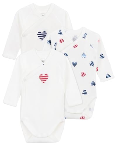 Petit Bateau Babies' long-sleeved wrapover stripy heart pattern cotton GIRLS bodysuits - 3-Pack SIZES 1-18 MONTHS