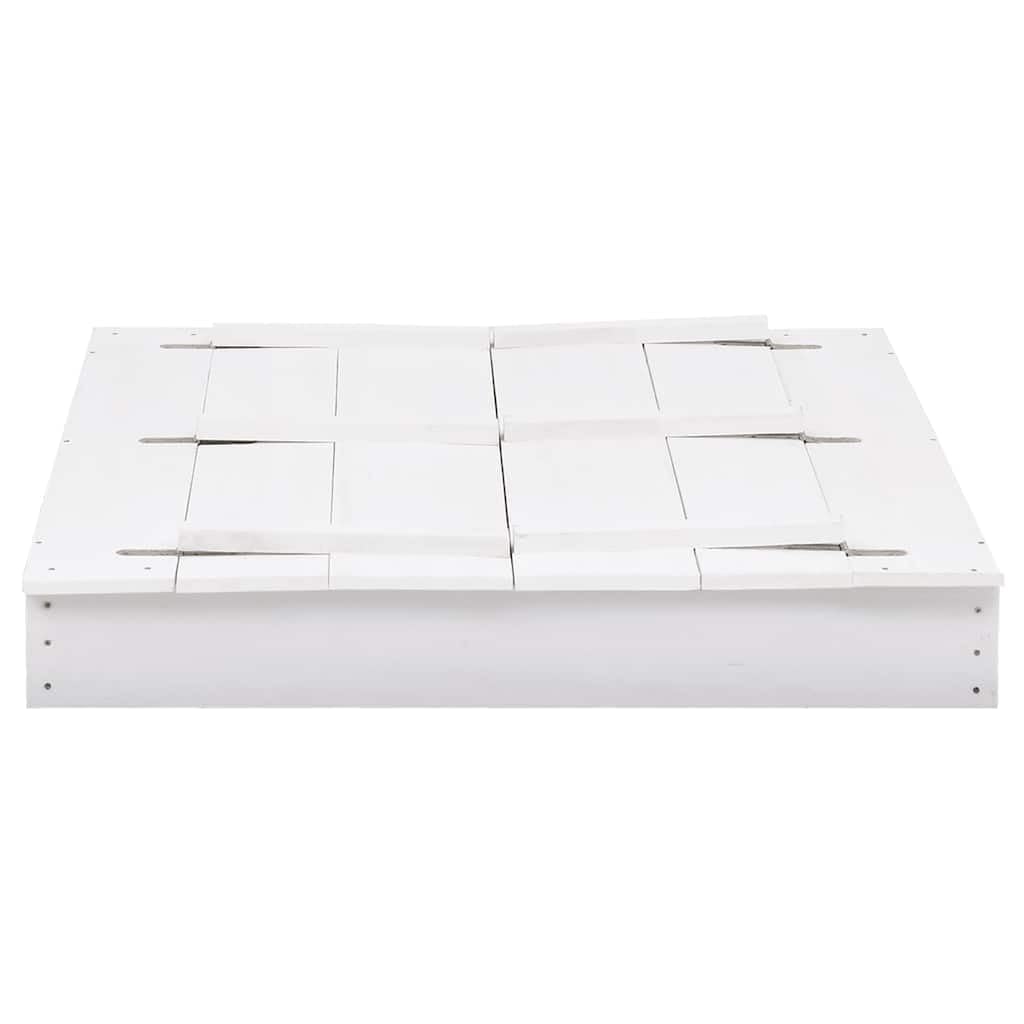 Sandkasten aus Tannenholz Weiß 95 x 90 x 15 cm mit Deckel zu 2 Bänken, Nylon-Bodenplane, für Garten Hof Terrasse Strand Outdoor Buddeln Bauen Formen