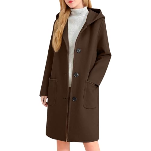 Genérico Abrigo informal con capucha talla grande para invierno cálido manga larga uso diario color liso botones tipo túnica bolsillos chaqueta abrigo (Coffee, L)