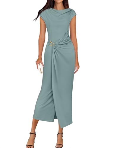 ZESICA Women's 2026 Summer Mock Neck Casual Bodycon Dress Cap Sleeve Elegant Cocktail Party Long Midi Dresses,Grey Green,Large