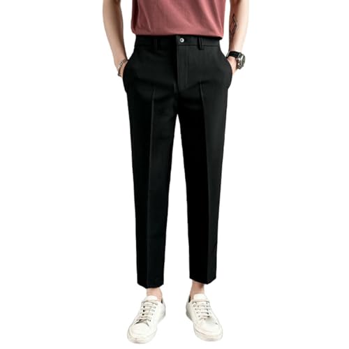 Men's Spring Summer Nine-Tenths Slim Straight Drape Black Elastic Casual Pants