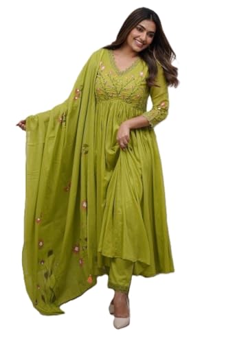 Image of Preeson Women's Pure Cotton Embroidery V Neck Kurti with Pants and Dupatta Set