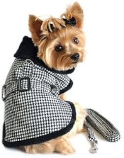 DOGGIE DESIGN Black and White Classic Houndstooth Dog Harness Coat with Leash (Medium)