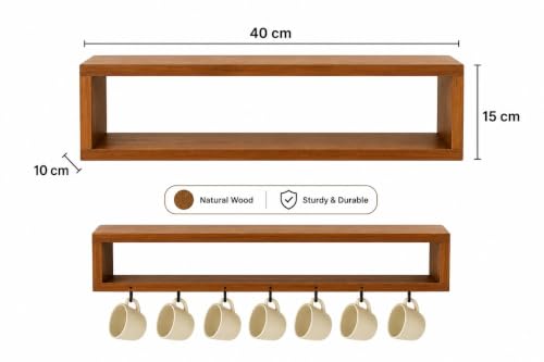 Image of Dreamy design Acacia Wooden Wall Shelf for Kitchen Storage & Mug Holder | Rustic Wall Mounted Organizer Rack with Hooks | Multipurpose Shelf for Spices, Jars, Cups, Kitchen Essentials & Home Decor