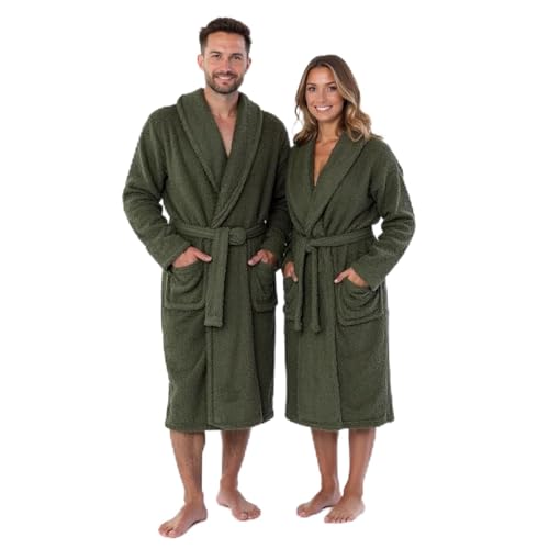BOSKIMO Bademantel, Unisex, 100 % Baumwolle, Oeko-Tex, Bademantel für Damen und Herren, amerikanischer Frottee, 420 g/m², weich und sehr saugfähig, khaki-grün, S