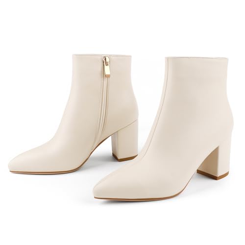 JOY IN LOVE Women's Ankle Boots Chunky Block Heel Pointed Toe Zipper Booties Off-white Velvet US 8.5