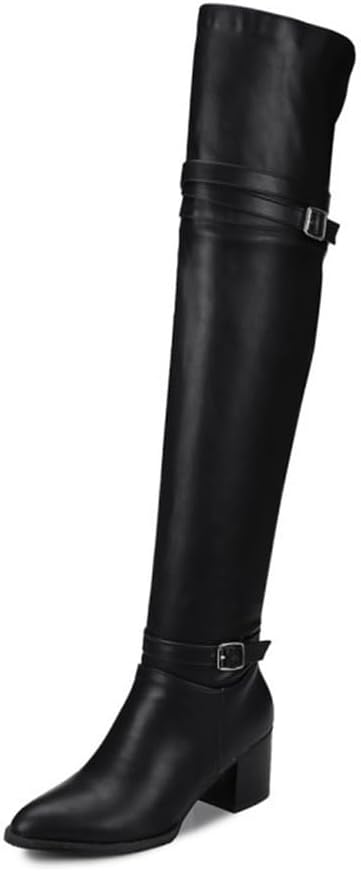 Women's Over The Knee Heels Thigh High Boots Pointed Toe Chunky Heel Buckle Stretch Long Riding Boots