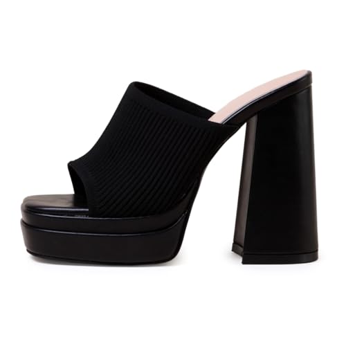 Elegant High Chunky Heel Mule Sandals for Women Chic Platform Summer Slip-Ons Block Heel Wedge Shoes with Knit Upper Fashionable Dressy Evening Party Shoes