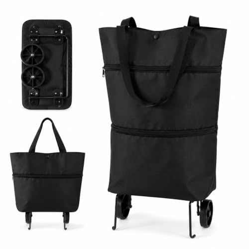 kingwwy 2-in-1 Foldable Shopping Cart, Rolling Shopping Bag with Wheels, Reusable Grocery Cart Bag with Expandable Storage, Lightweight Shopping Trolley for Grocery Store, Market, Travel & Daily Use