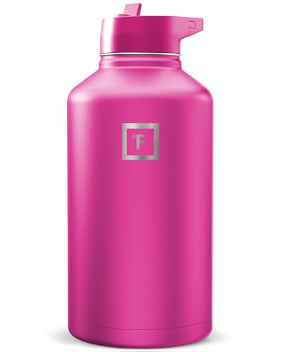 Image of IRON FLASK Camping & Hiking Hydration Flask with Straw, Wide Mouth Insulated Stainless Steel Sports Water Bottle - Pink Tulip 64 oz - Straw (1 Lid)