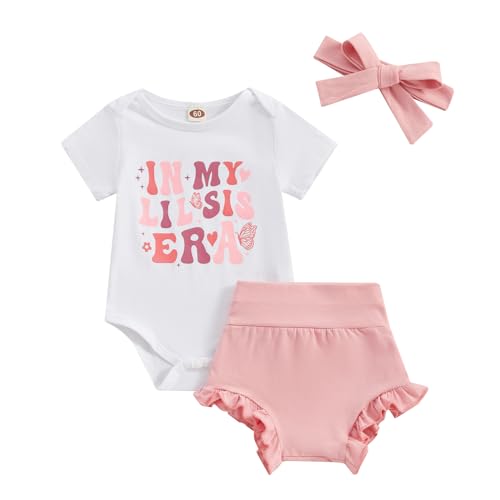 Image of Beautooly Baby Cute In My Baby/Lil Sis/Big Sis/Big Bro Era Letter Romper Shirt And Bottom Shorts Infant Summer Outfits