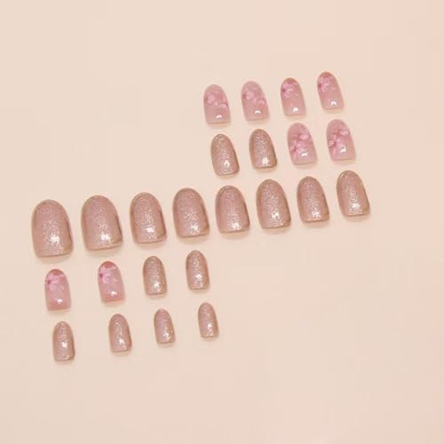 Image of Pink Flower Press on Nails Nude Fake Nails with Gold Line Design Glitter Full Cover Glue on Nails Reusable Artificial Acrylic Glossy Spring Stick on Nials Short Almond False Nails for Women manicure