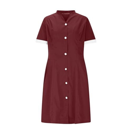 HGps8w Nurses Scrubs Dress - Women Button Down Working Uniforms Knee Length Casual Short Sleeve Workwear Dresses with Pockets4