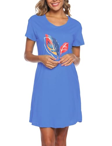 Image of ENJOYNIGHT Womens Cotton Nightgown Short Sleeve Sleepshirt Print Nightshirt | Short-Sleeve Crew Neck, Soft Cotton Fabric, Cartoon Printed Sleep Shirt, Loose Fit