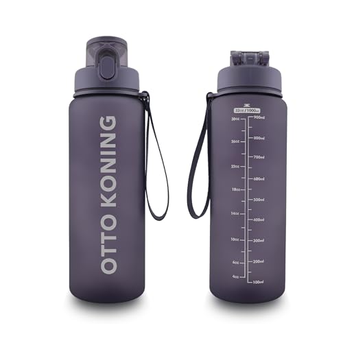 Otto Koning Botella Agua 1L Botella deportiva de Plástico Sin BPA. Hermética. Garrafa Agua con Cepillo de Limpieza, Boca Ancha, Correa Resistente Ideal para Deportes, Oficina, Bicicleta Reutilizable