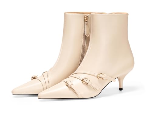 Coutgo Womens Buckle Strap Ankle Booties Kitten Low Heel Pointed Toe Y2K Boots Side Zipper Fall Shoes, Beige, Size 8
