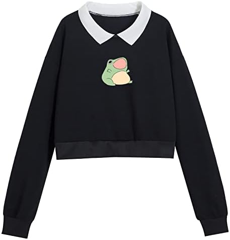 KIEKIECOO Cute Aesthetic Frog crop Sweatshirt for Teen Girls Kawaii Cartoon Graphic Hoodie Womens Cotton Pullover Sweaters(Black,M)