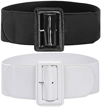 GRACE KARIN 2 Pack Women Retro Elastic Stretchy Metal Buckle Waist Cinch Belt M Black+White