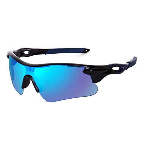 Image of Sports Sunglasses, Full-Coverage UV400 Protection, Hydrophobic Mirrored Lens, Lightweight Shatterproof Design, Mercury, (BLUE BLACK)