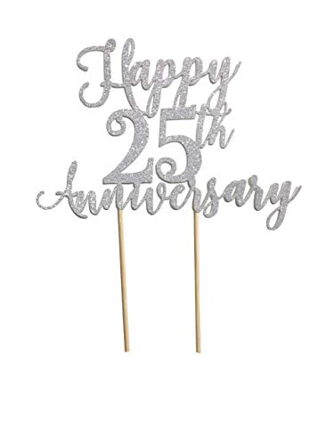 1 pc Happy 25th Anniversary wedding cake topper DOUBLE SIDED gold silver black glitter party decoration