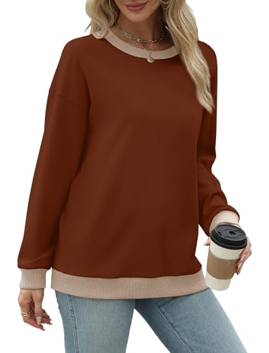 Saloogoe Sweatshirts for Women Crewneck Long Sleeve Loose Fit Tops Color Block Ribbed Trim Fashion 2025