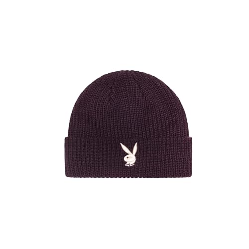 Playboy Classic Cuffed Beanie Black Cotton Knit Hat with Rabbit Head Logo Unisex Winter Cap One Size Fits All Plum with Ecru Bunny