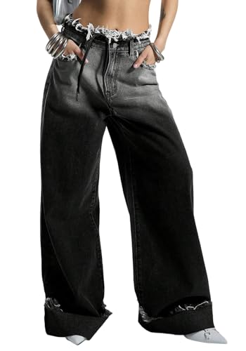 Famnbro Womens Baggy Jeans Frayed High Waisted Y2k Gradient Straight Wide Leg Raw Hem Boyfriend Cargo Denim Pants
