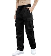 OYOANGLE Men's Baggy Cargo Pants Elastic Drawstring Waist Straight Leg Hip Hop Trousers Streetwear