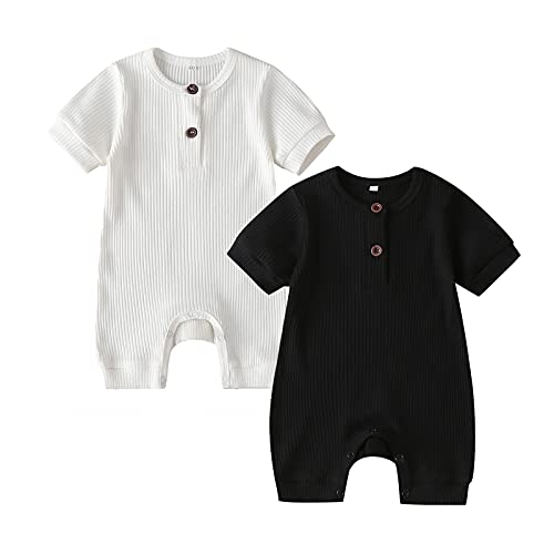 Image of RELABTABY Newborn Baby Boy Girl 2 Pack Romper Unisex Infants Summer Solid Button Onesie Jumpsuit Outfits Clothes
