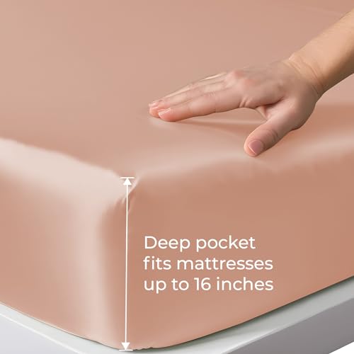 LINENWALAS Fitted Sheet Only Viscose Derived from Bamboo, Bottom Sheet for King Size Bed – 16” Deep Pocket, All Around Snug Fit – Cooling, Breathable, Soft, Hypoallergenic (Rose Gold, King)