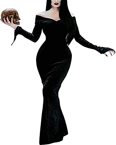 YAOBAOLE Halloween Kostüm Damen Sexy Schulterfrei Halloween Kleid Damen Langarm Halloween Party Kleider Damen Schwarz 2XL