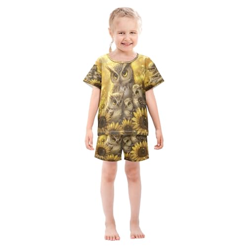 ALAZA Family Owl Sunflower Pajamas Set Short Sleeve Cotton Sleepwear Summer Pjs 2 Piece 5-14Y3