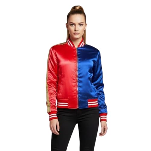 Costume d'Halloween rouge et bleu pour femme veste bomber satin manches longues