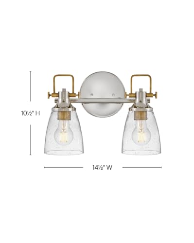 Image of Hinkley Easton Two Light Bath Vanity Fixture, Modern Industrial, Clear Seedy Glass Shade, Mounts Up or Down, Polished Nickel and Heritage Brass
