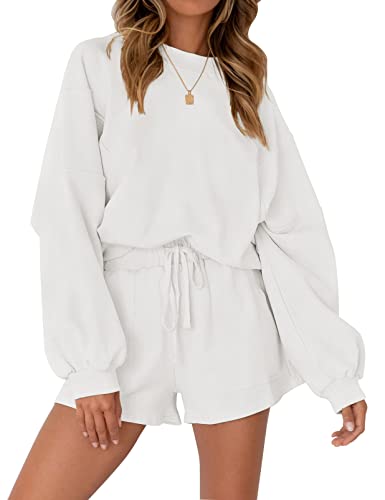 MEROKEETY Women's 2025 Fall Oversized Batwing Sleeve Lounge Sets Casual Top and Shorts 2 Piece Outfits Sweatsuit White