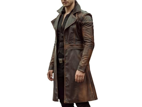 Men’s Long Brown Leather Trench Coat | Vintage Steampunk Duster Winter Coat | Vintage Style Leather Jacket