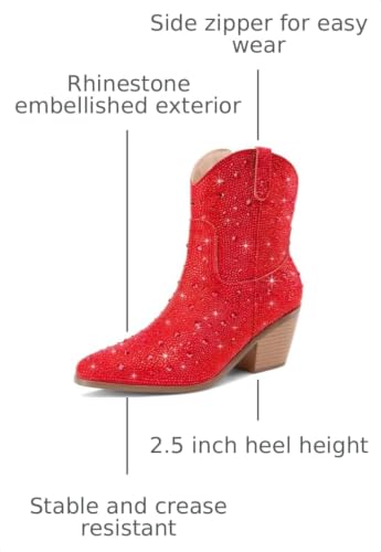 Image of Cowgirl Ankle Boots Cowboy Boots for Women Western Booties Rhinestone Chunky Heel Fashion Comfortable Side Zipper