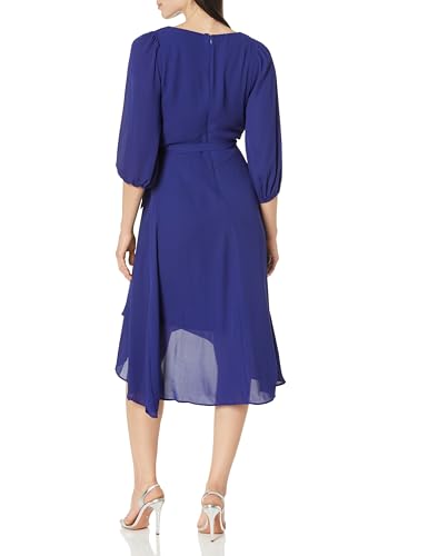 Image of DKNY Women's Chiffon Balloon Sleeve Faux Wrap Midi Dress with High-Low Hem