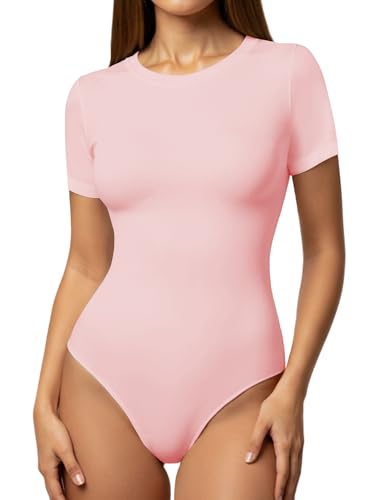 Image of YOGINGO Womens Short Sleeve Bodysuit Crew Neck Slim Fit Basic Body Suit Top Soft Stretch Leotard