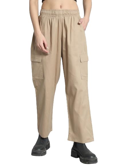 TAMAM Women Relaxed Pure Cotton Straight Fit Mid-Rise Trousers (36, Beige)