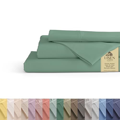 Image of Linen Home 100% Cotton Percale Sheets Twin XL Size, Frosty Green, Deep Pocket, 3 Pieces Set - 1 Flat, 1 Deep Pocket Fitted Sheet and 1 Pillowcase, Crisp Cool and Strong Bed Linen