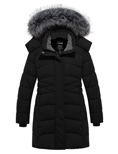 Image of wantdo Girls Winter Coats Long Puffer Jackets Fleece Lined Removable Hood | Detachable Faux Fur, 5000mm Waterproof, Zippered Pockets, Machine Washable