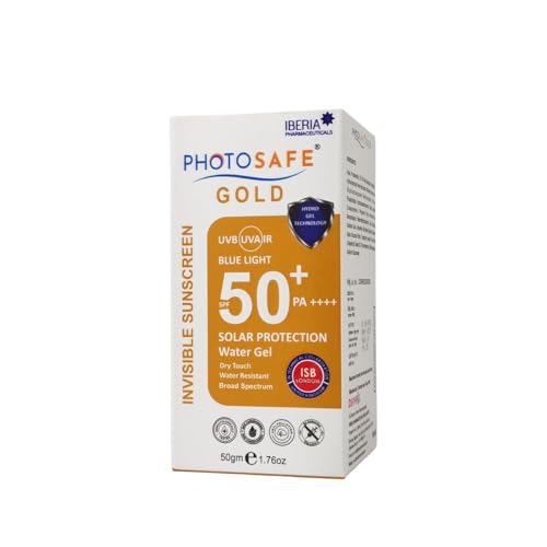 Image of Photosafe Gold Invisible Sunscreen SPF 50+ PA++++, Water Resistant Broad Spectrum UVA UVB Blue Light Protection, Dry Touch Water Gel, 50gm