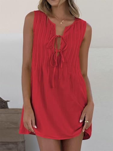 LOFAAC Women Y2K Bow Tie Front Pleated Peplum Mini Dress Loose Fit Sleeveless Crew Neck Linen Babydoll Short Dress2