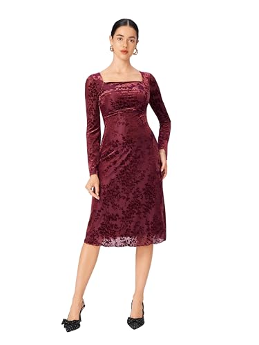 CIDER Womens Velvet Floral Long Sleeve Midi Dress Square Neck Elegant Party Dresses2