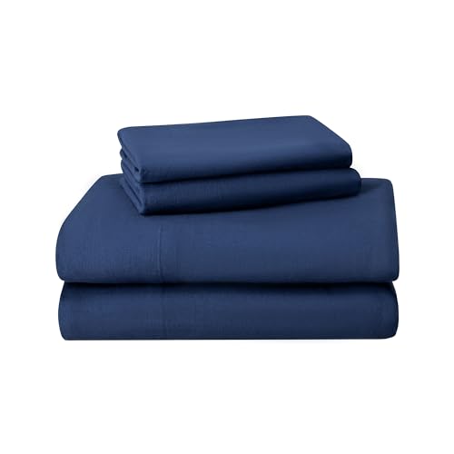 Featherhead 100% Cotton 4PCs Flannel Sheet Set | Double-Brushed for Extra Softness, Warm & Breathable, Extra Deep Pockets fits Up to 17” (Navy Blue, King)